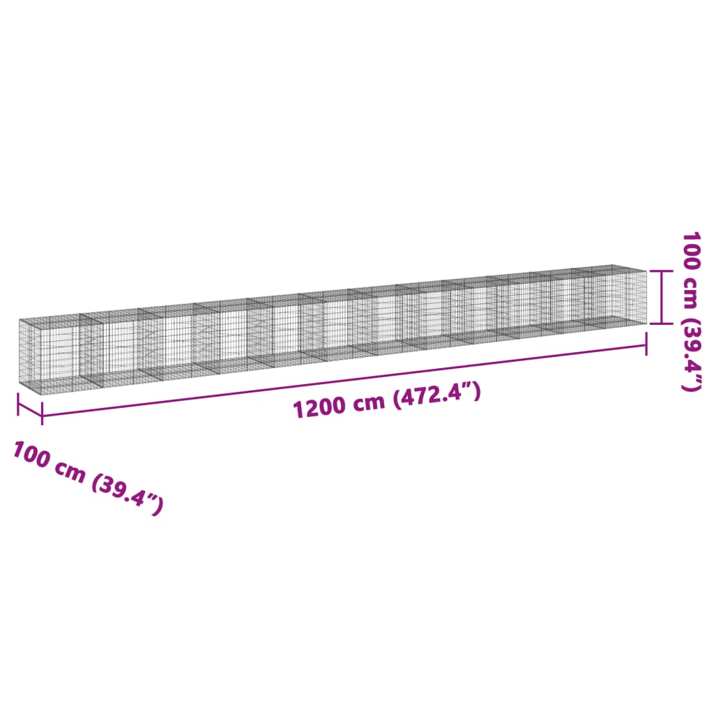 vidaXL Panier gabion avec couvercle 1200x100x100 cm fer galvanisé