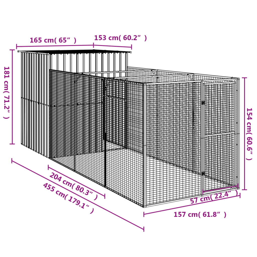 vidaXL Niche pour chien avec cour gris clair 165x455x181 cm