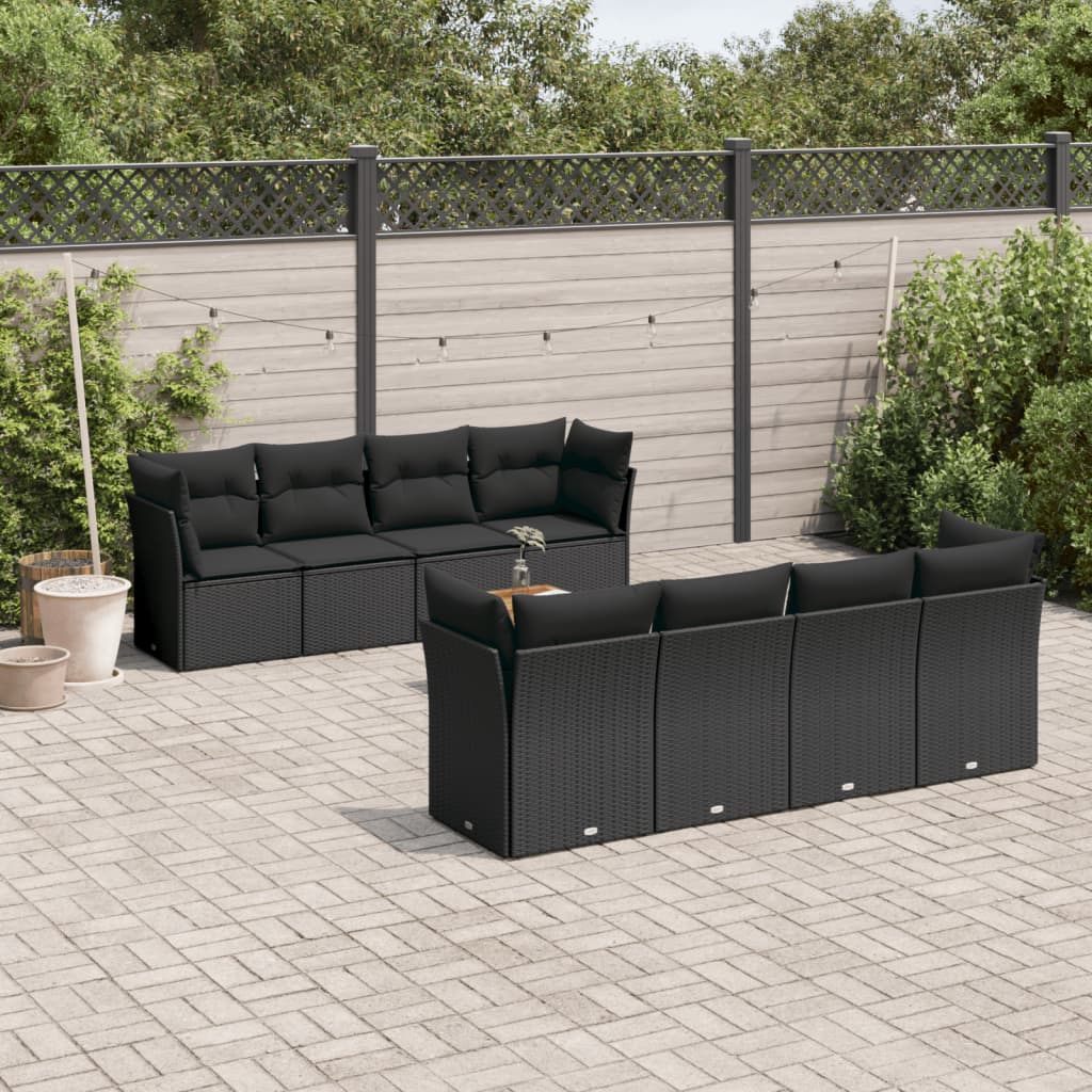 vidaXL Salon de jardin 9 pcs avec coussins noir résine tressée