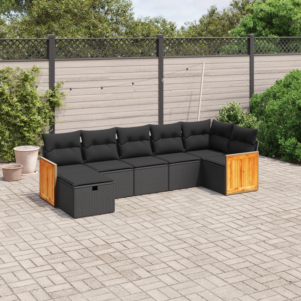 vidaXL Salon de jardin 7 pcs avec coussins noir résine tressée