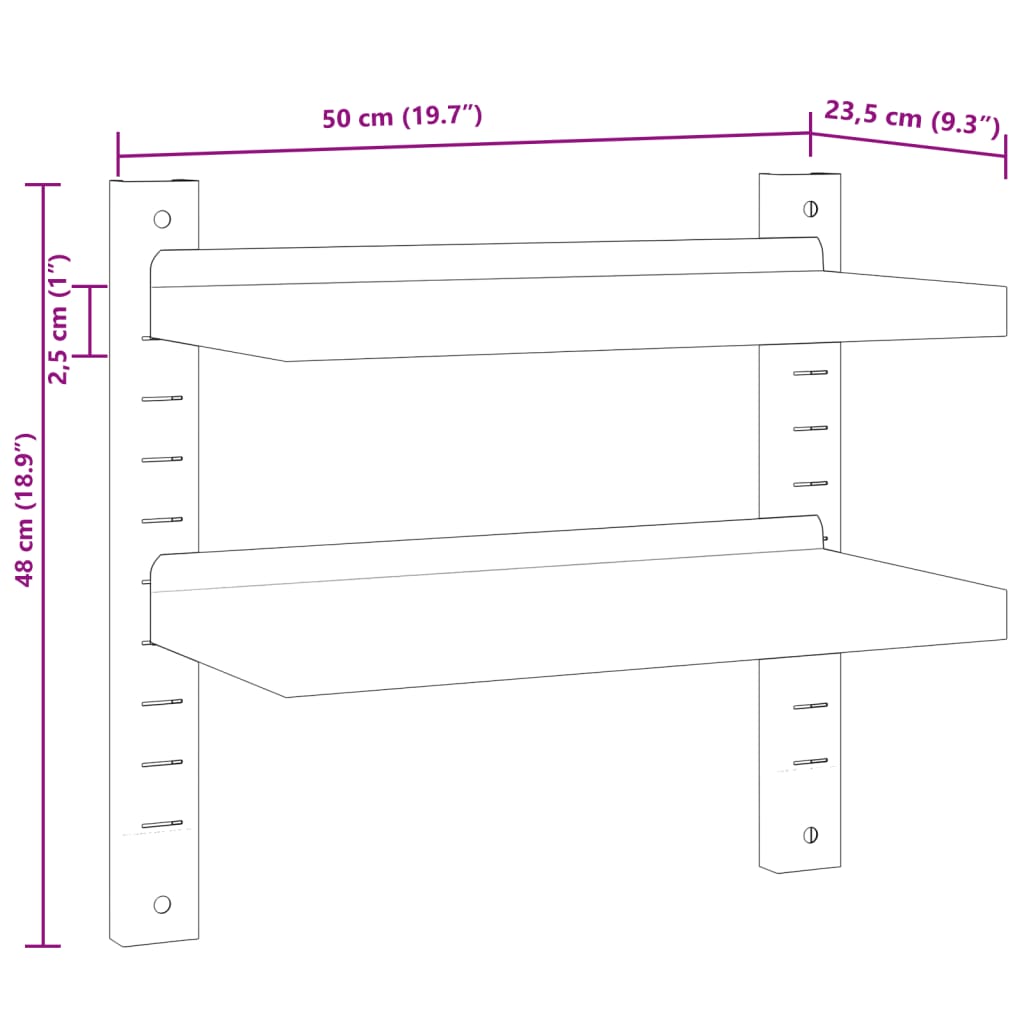 vidaXL Étagère murale 2 niveaux 50x23,5x60 cm argenté acier inoxydable