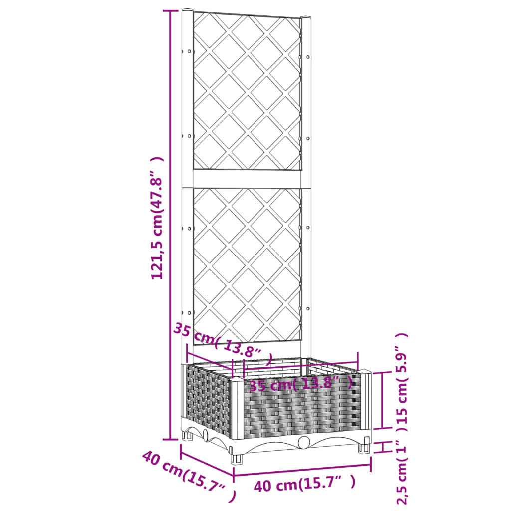 vidaXL Jardinière avec treillis Gris foncé 40x40x121,5 cm PP