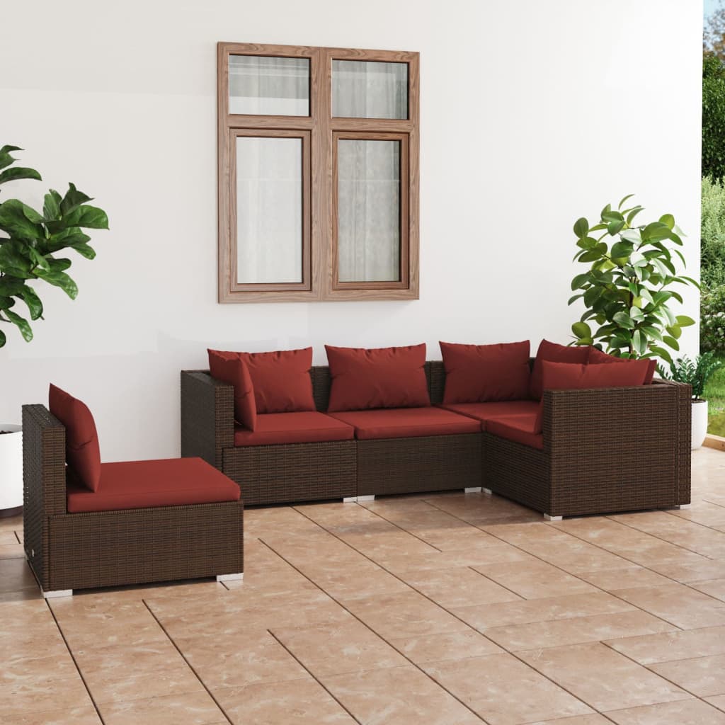 vidaXL Salon de jardin 5 pcs avec coussins résine tressée marron