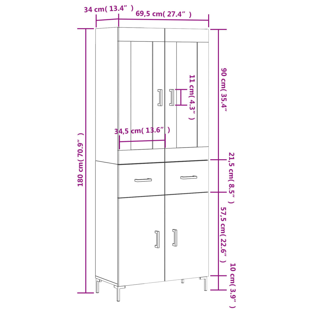 vidaXL Buffet haut Blanc brillant 69,5x34x180 cm Bois d'ingénierie