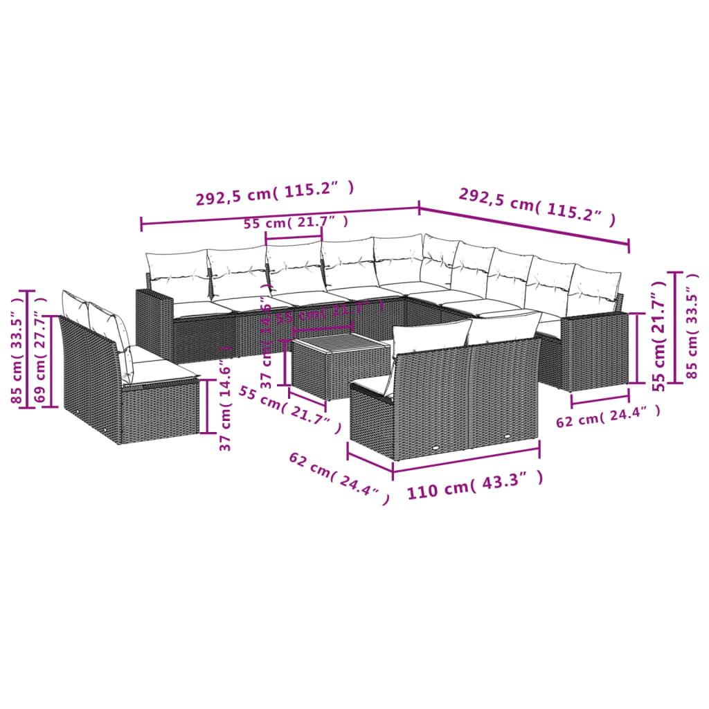 vidaXL Salon de jardin avec coussins 14 pcs noir résine tressée