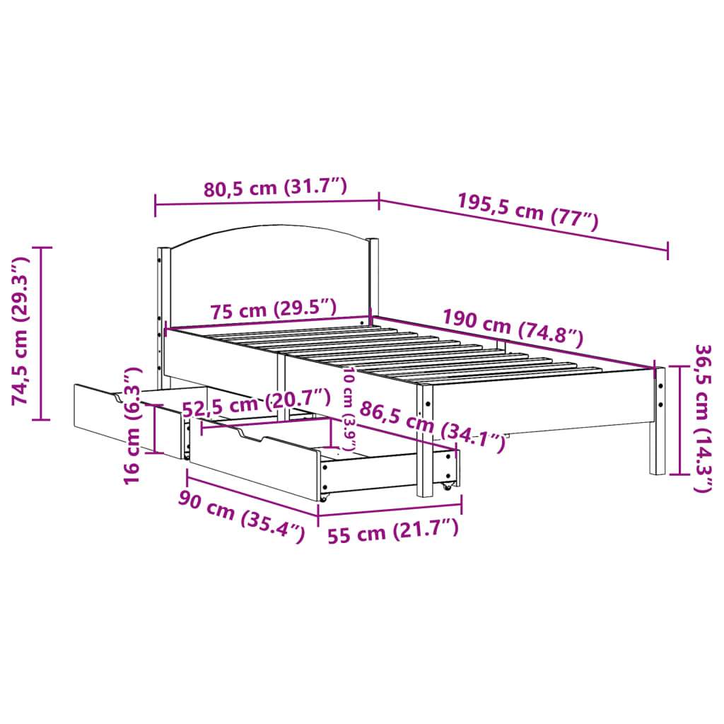 vidaXL Cadre de lit sans matelas 75x190 cm bois de pin massif