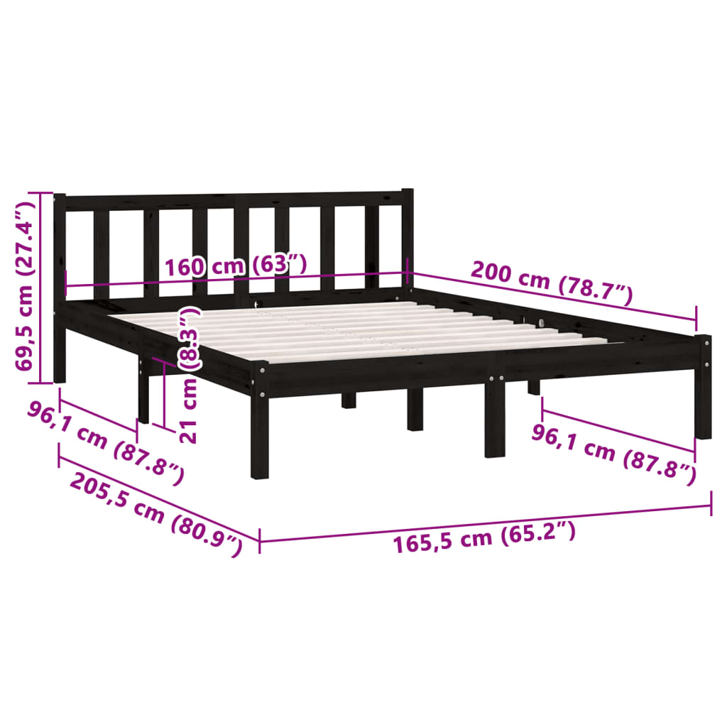 vidaXL Cadre de lit Noir Bois de pin massif 160x200 cm