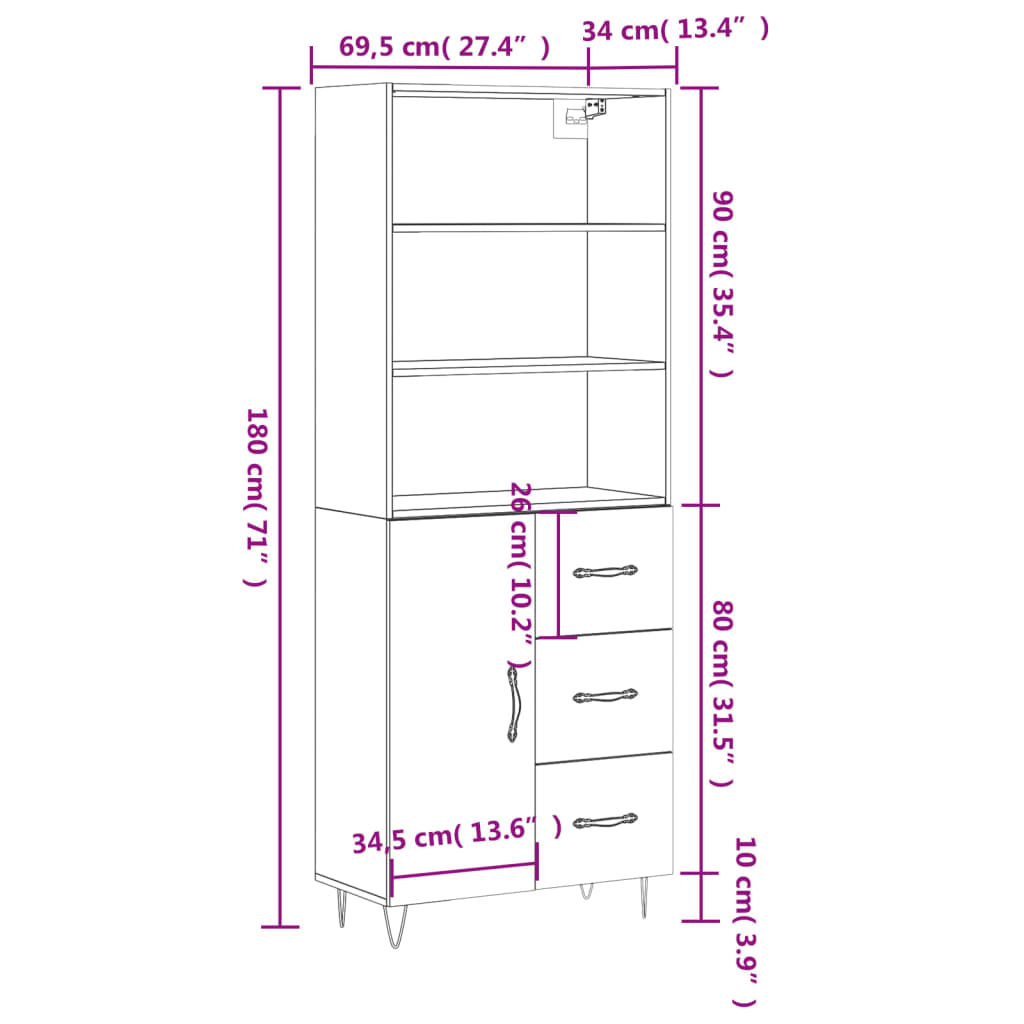 vidaXL Buffet haut Noir 69,5x34x180 cm Bois d'ingénierie