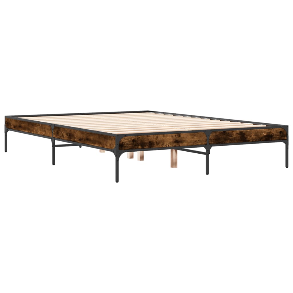 vidaXL Cadre de lit chêne fumé 135x190 cm bois d'ingénierie et métal