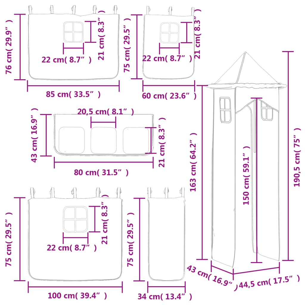 vidaXL Lit mezzanine enfants avec tour rose 80x200cm bois pin massif