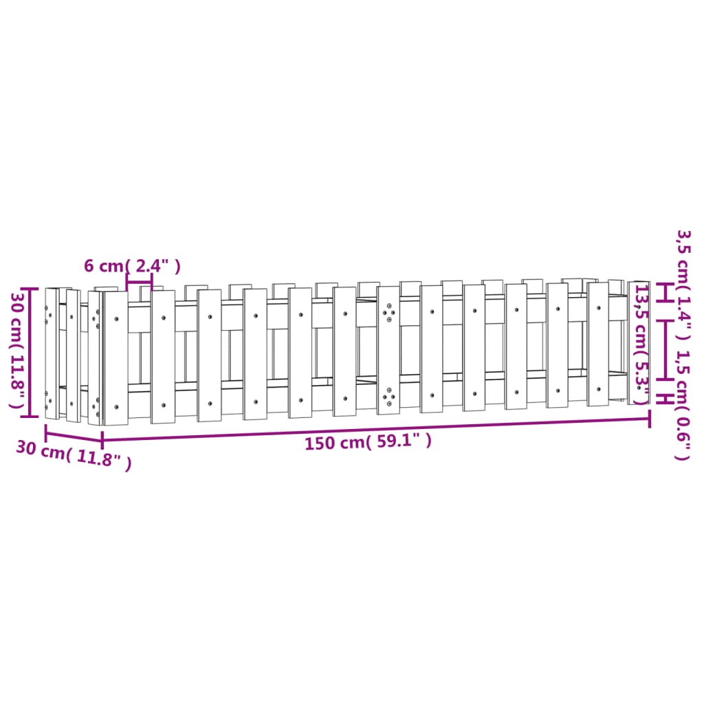 vidaXL Lit surélevé de jardin design de clôture 150x30x30cm pin massif