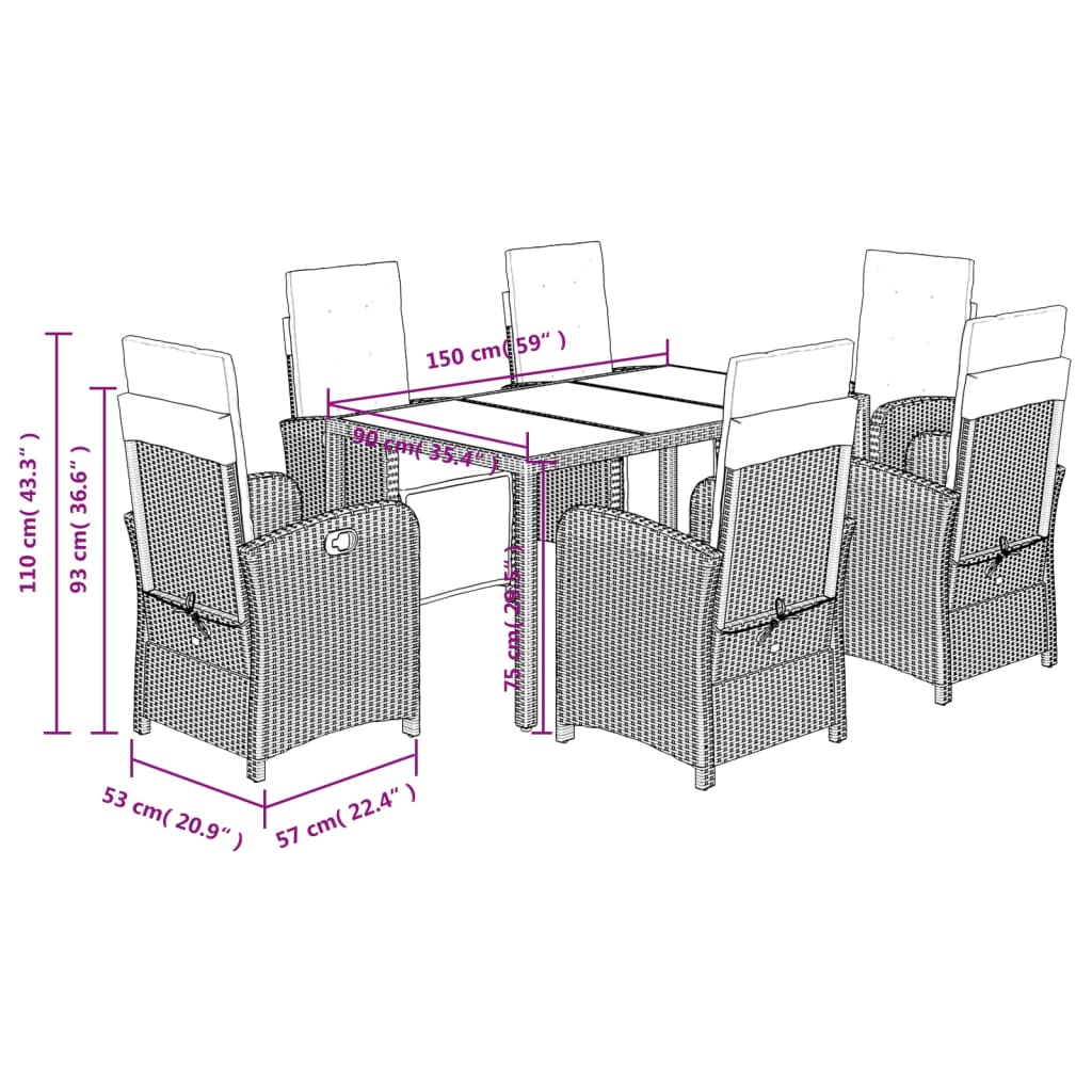 vidaXL Ensemble à manger de jardin coussins 7pcs Noir Résine tressée