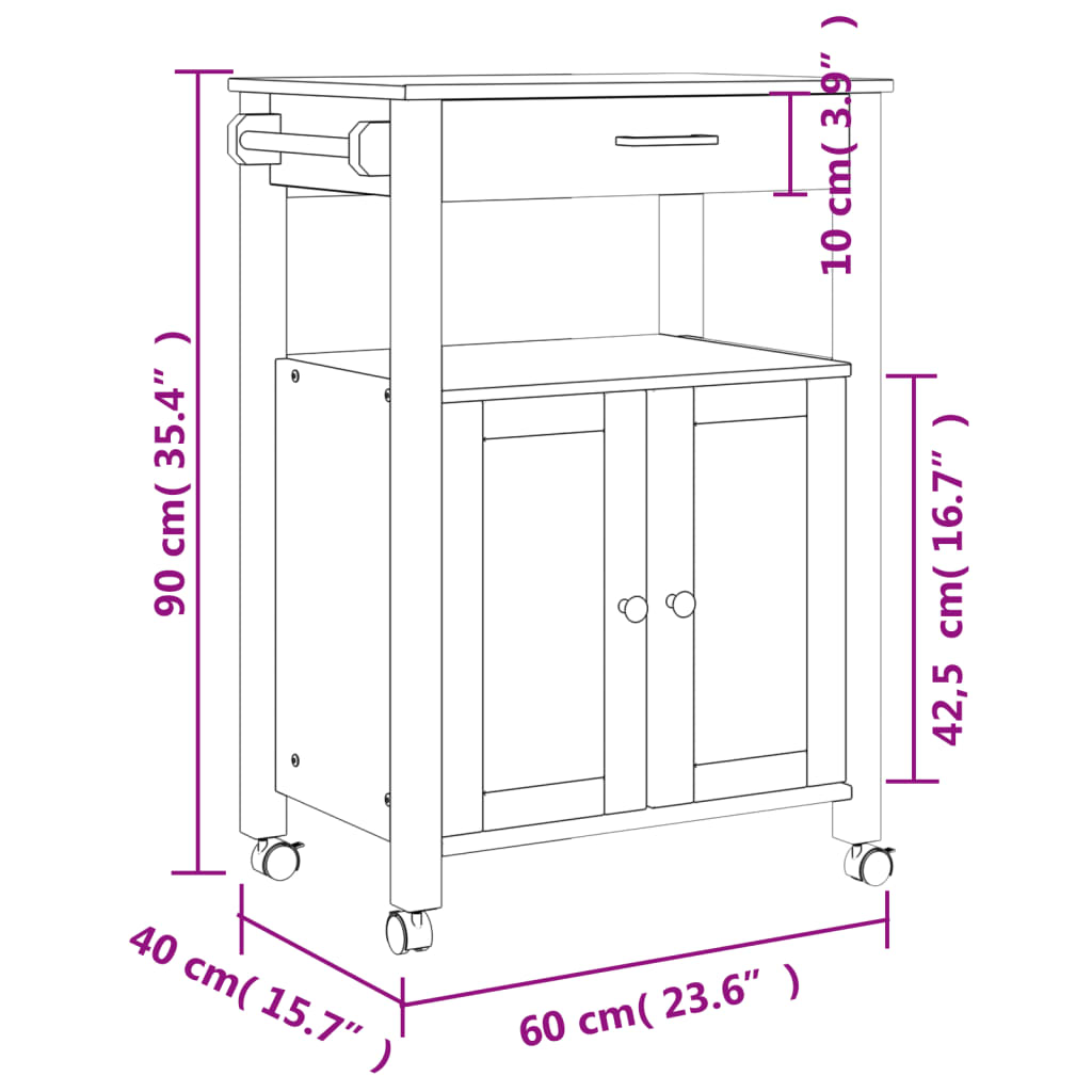 vidaXL Chariot de cuisine MONZA 60x40x90 cm bois massif de pin