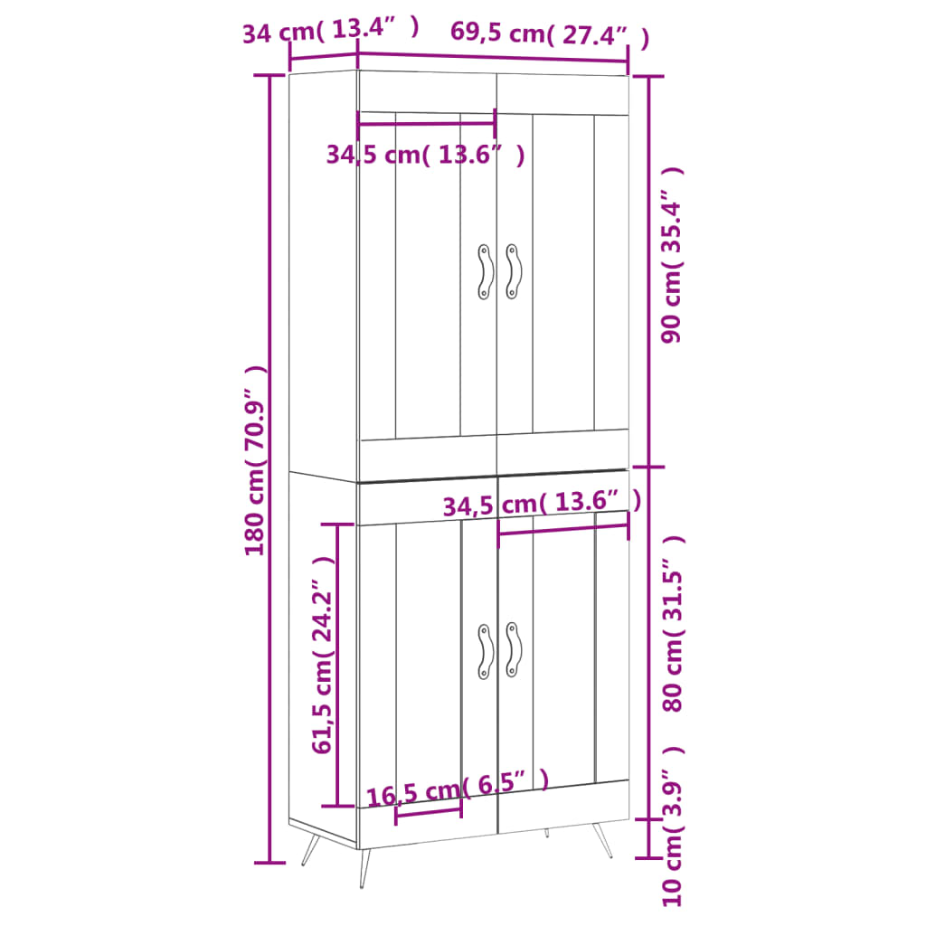 vidaXL Buffet haut Blanc brillant 69,5x34x180 cm Bois d'ingénierie