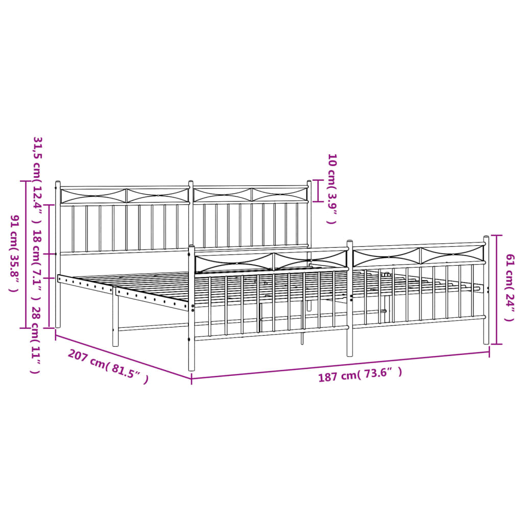 vidaXL Cadre de lit métal sans matelas et pied de lit blanc 180x200 cm