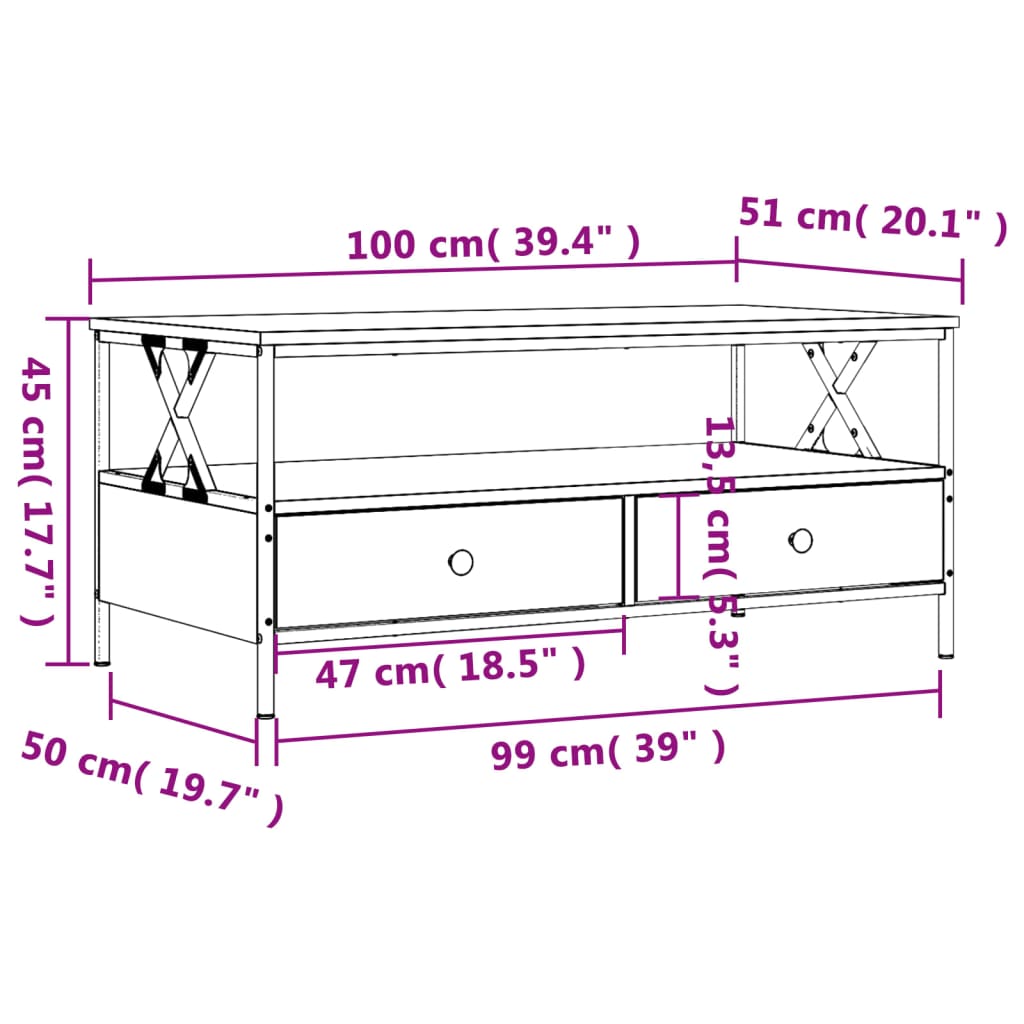 vidaXL Table basse chêne sonoma 100x51x45 cm bois d'ingénierie