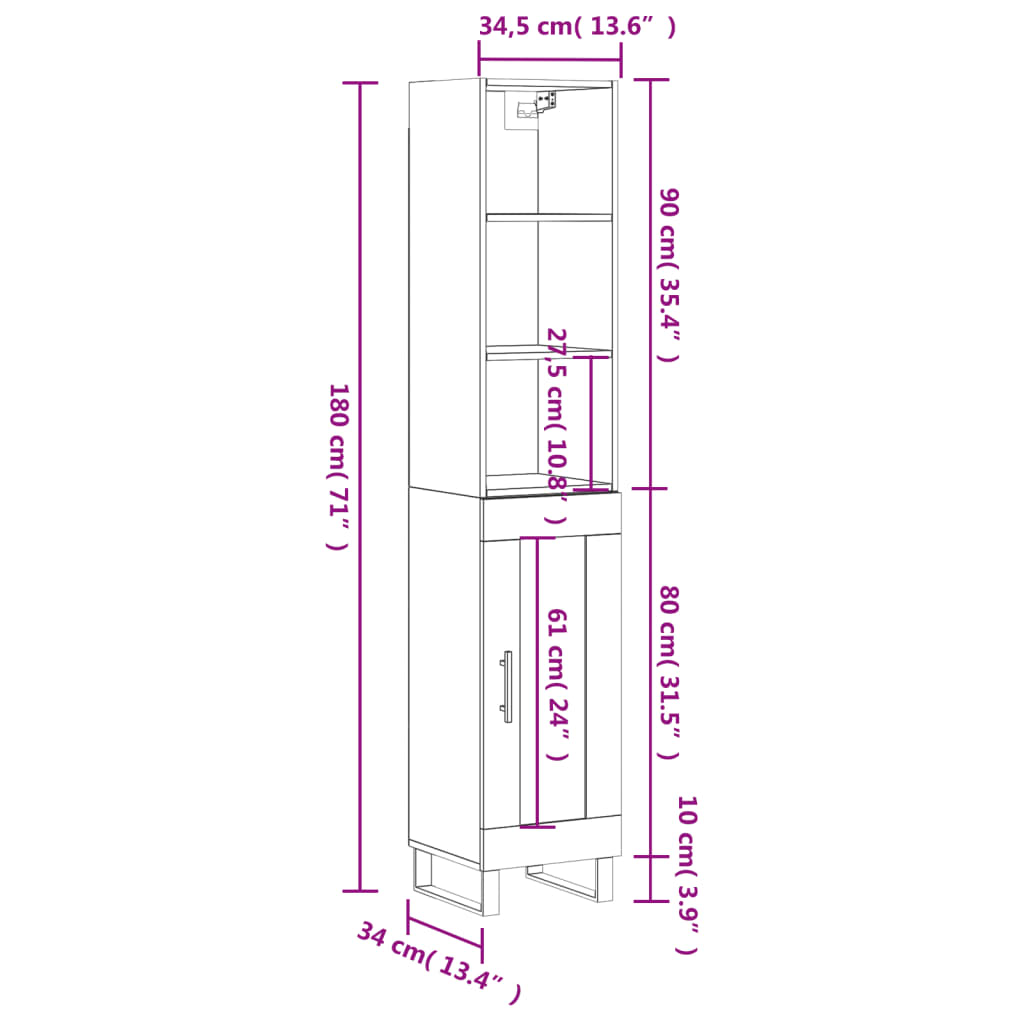 vidaXL Buffet haut Gris béton 34,5x34x180 cm Bois d'ingénierie