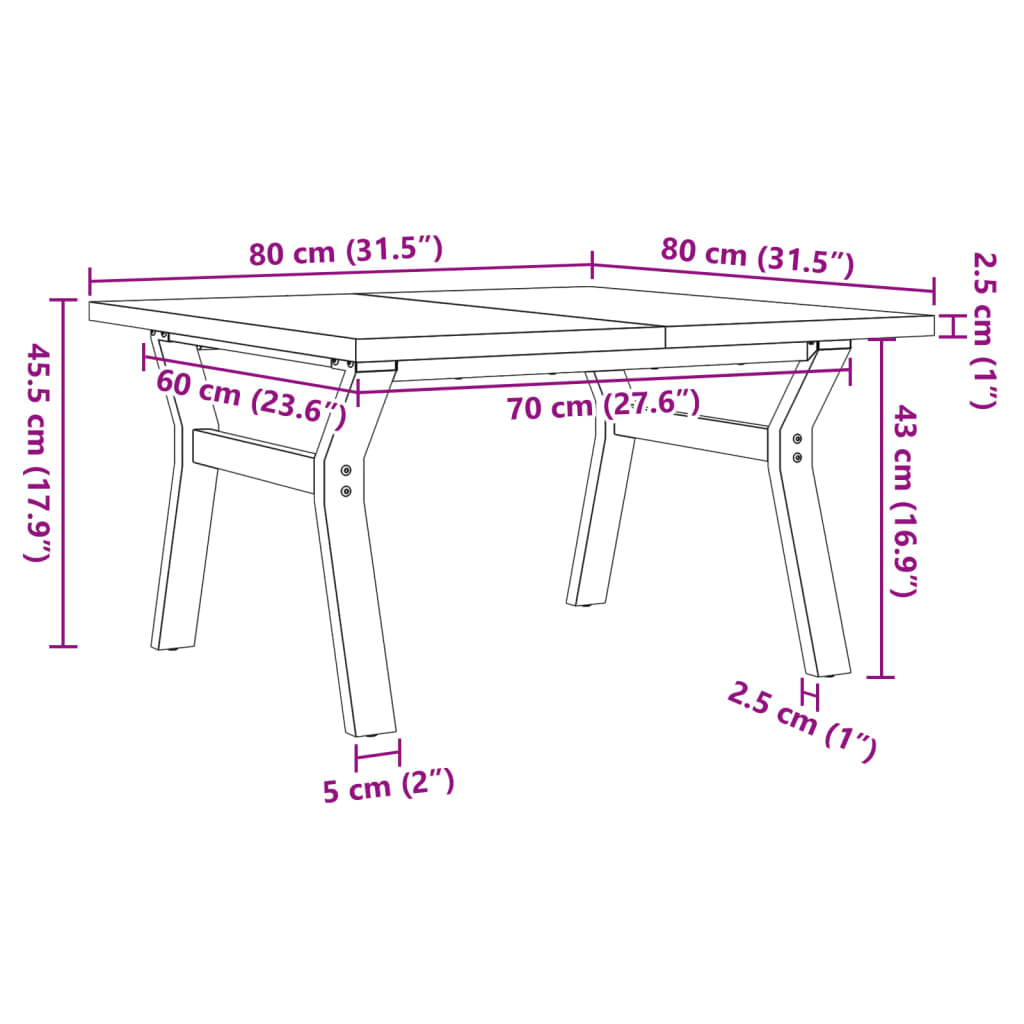 vidaXL Table basse cadre en Y 80x80x45,5cm bois de pin massif et acier