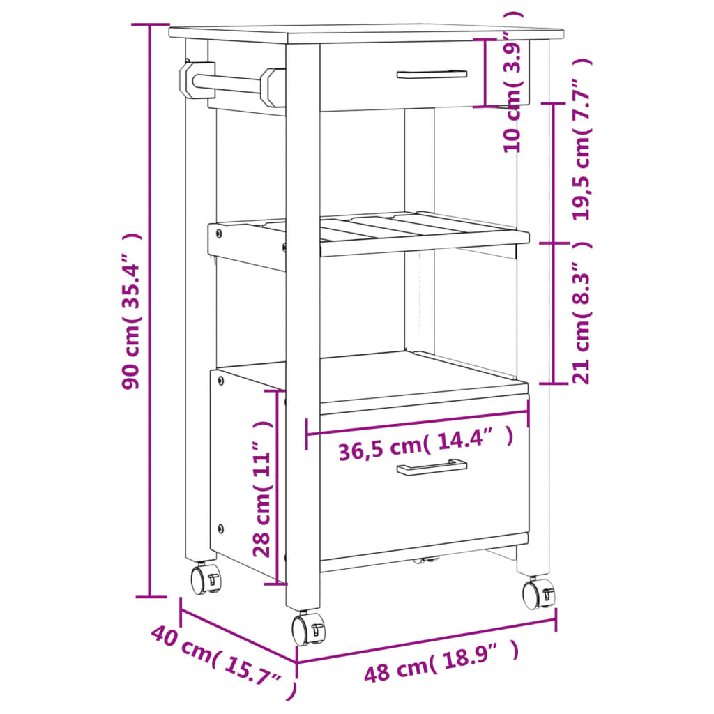 vidaXL Chariot de cuisine MONZA 48x40x90 cm bois massif de pin