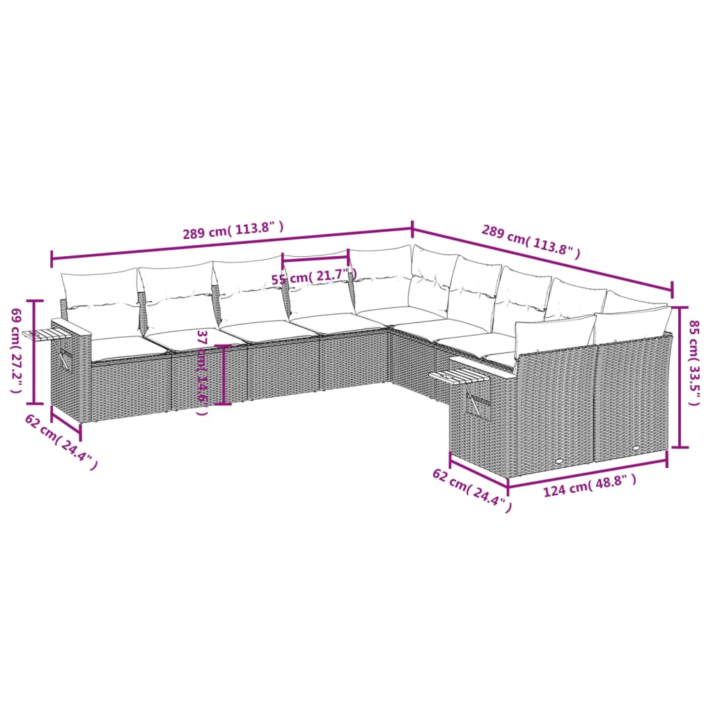 vidaXL Salon de jardin avec coussins 10 pcs gris résine tressée