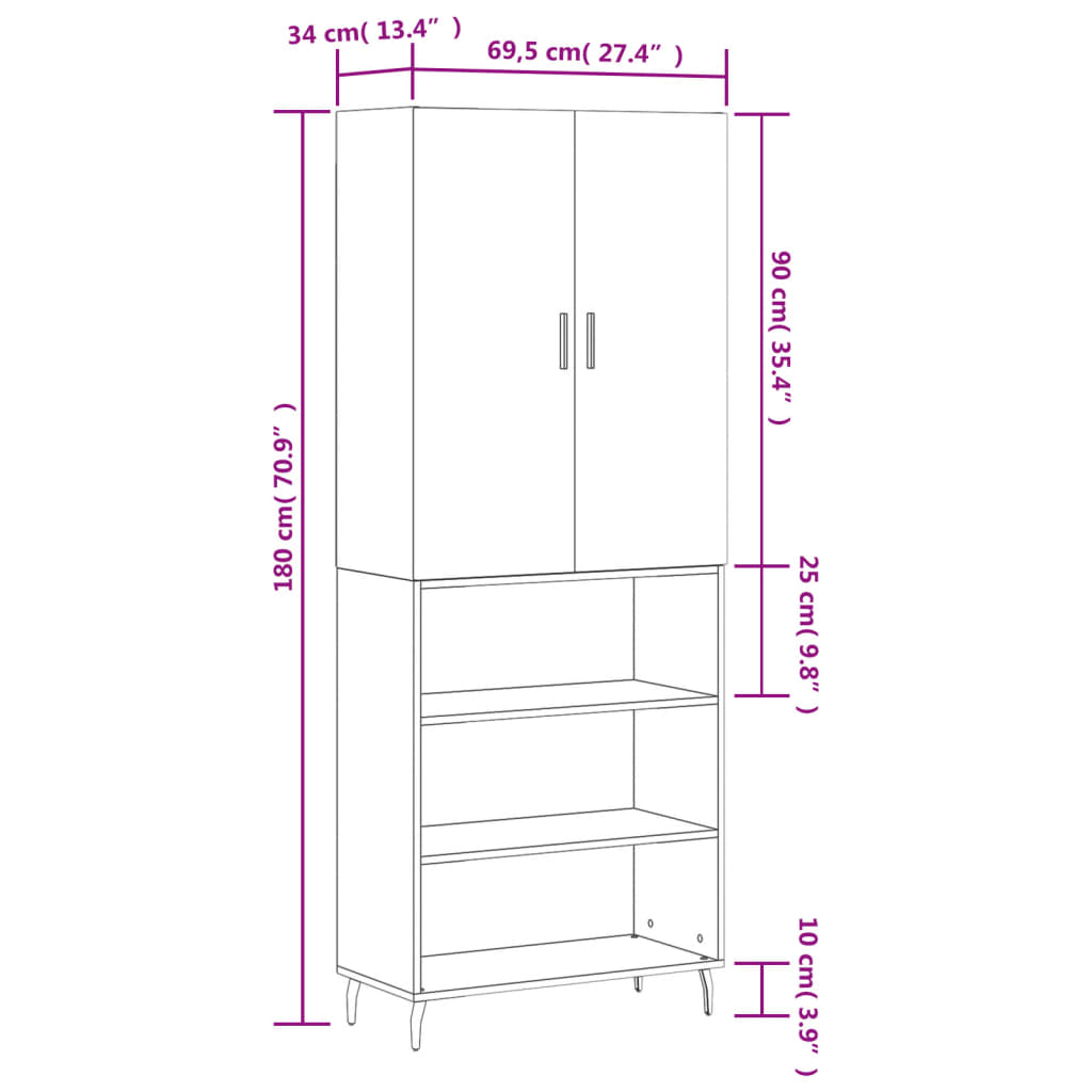 vidaXL Buffet haut Chêne marron 69,5x34x180 cm Bois d'ingénierie