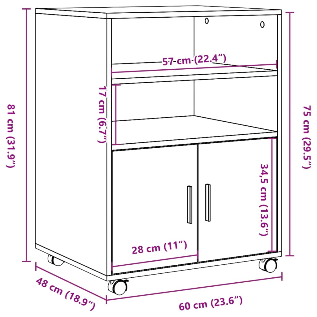 vidaXL Armoire à roulettes sonoma gris 60x48x81 cm bois d'ingénierie