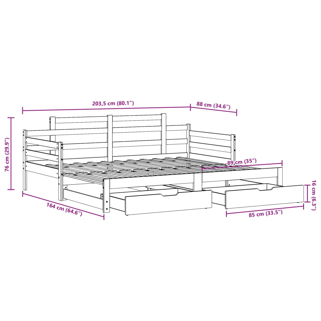 vidaXL Lit de jour et lit gigogne et tiroirs 80x200 cm bois pin massif