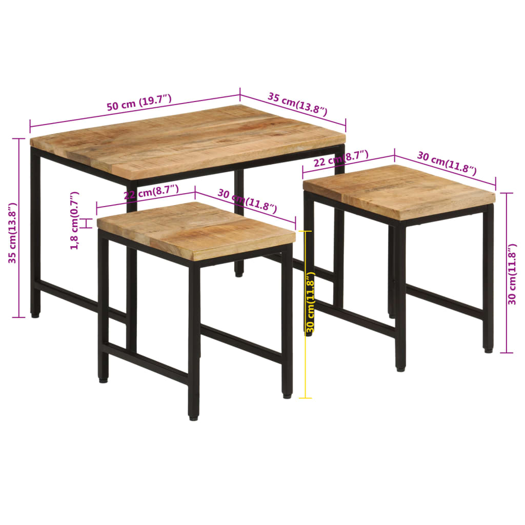 vidaXL Tables basses gigognes 3pcs bois de manguier massif brut et fer