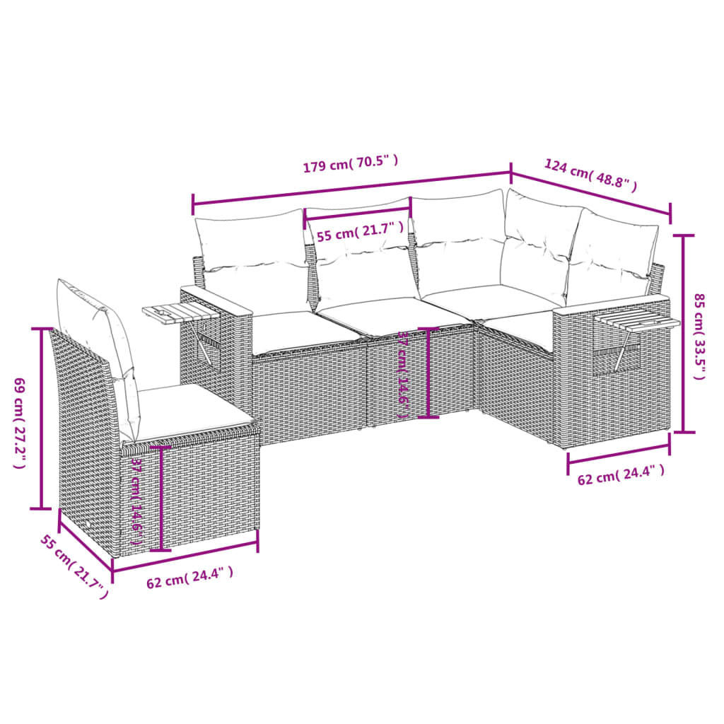 vidaXL Salon de jardin 5 pcs avec coussins gris résine tressée