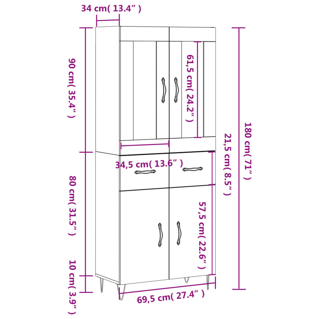 vidaXL Buffet haut Blanc 69,5x34x180 cm Bois d'ingénierie