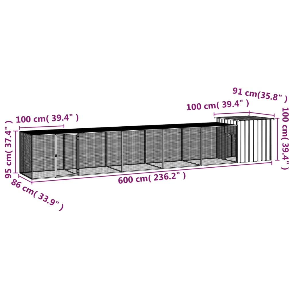 vidaXL Cage pour poules Gris 600x91x100 cm Acier galvanisé