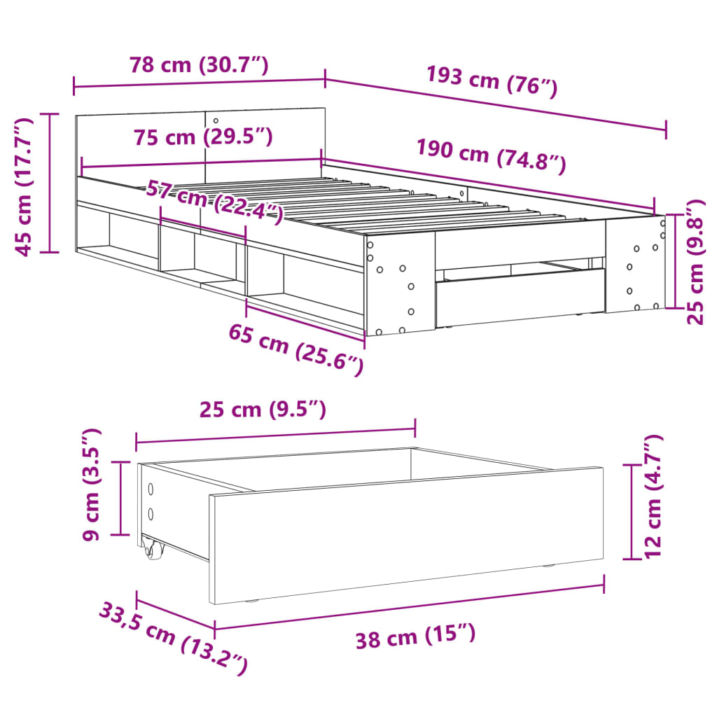 vidaXL Cadre de lit et tiroir chêne marron 75x190 cm bois d'ingénierie