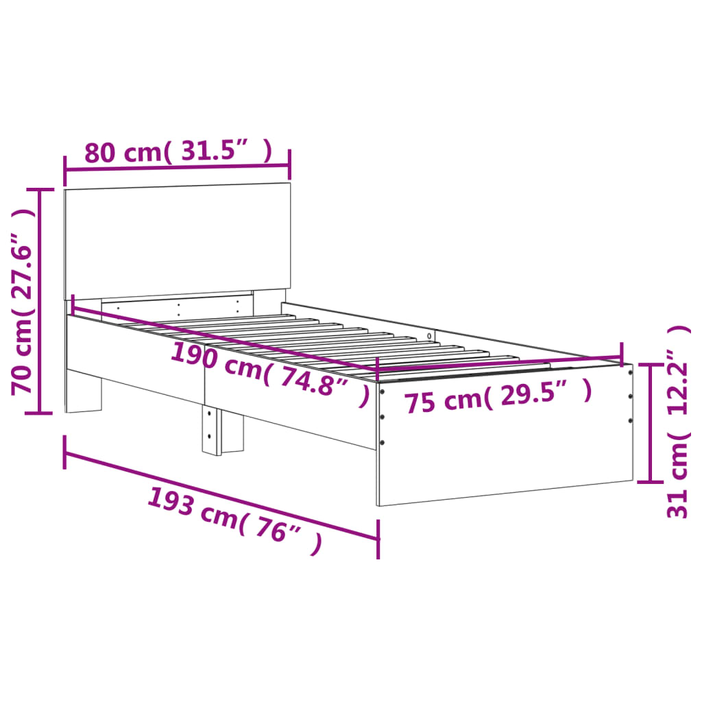 vidaXL Cadre de lit tête de lit et lumières LED sonoma gris 75x190 cm