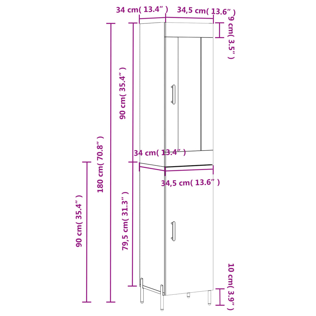 vidaXL Buffet haut Gris béton 34,5x34x180 cm Bois d'ingénierie