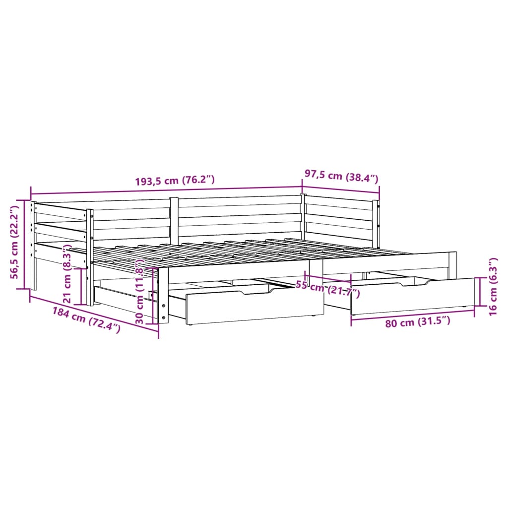 vidaXL Lit de jour et lit gigogne et tiroirs 90x190 cm bois pin massif