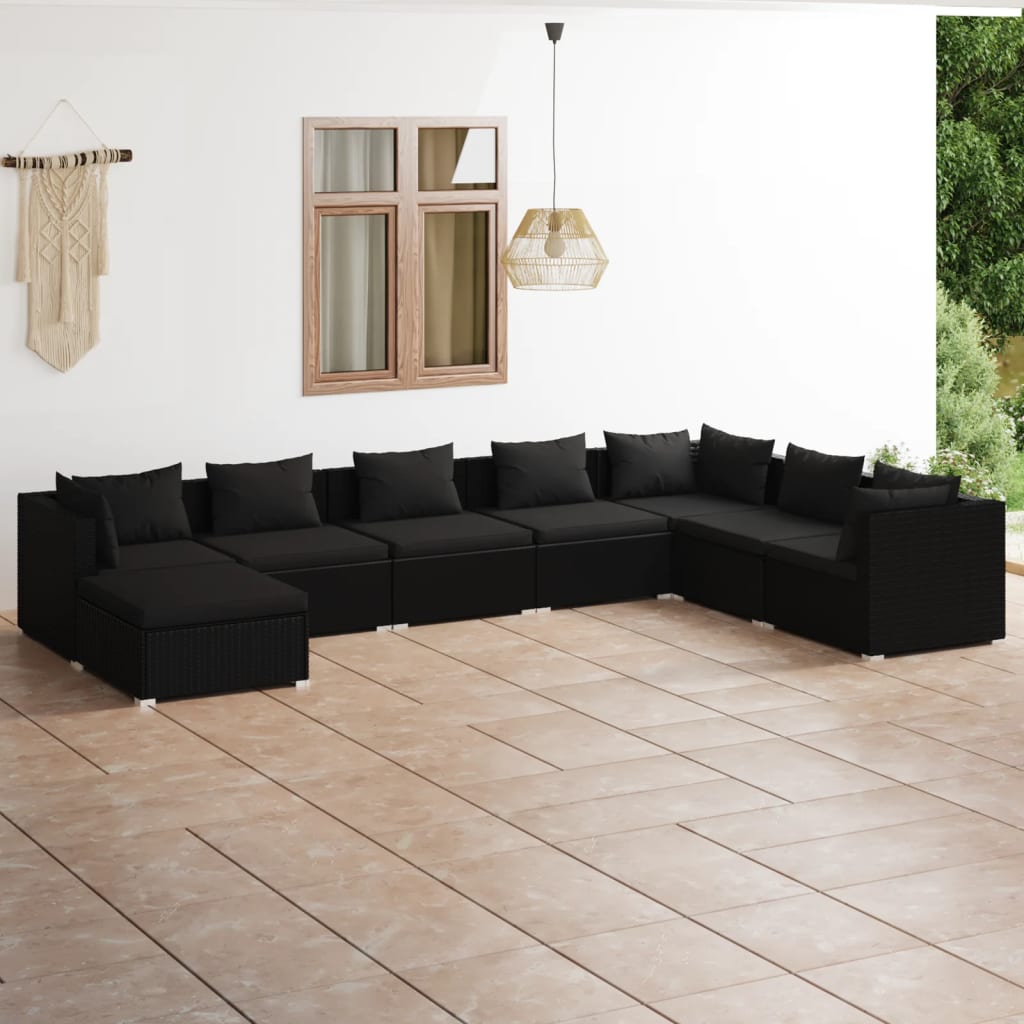 vidaXL Salon de jardin 8 pcs avec coussins Résine tressée Noir