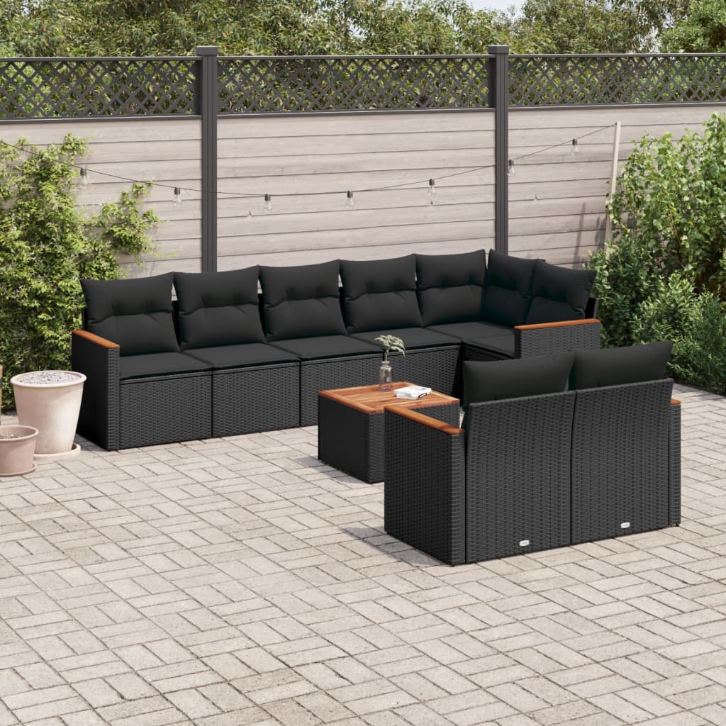 vidaXL Salon de jardin 9 pcs avec coussins noir résine tressée