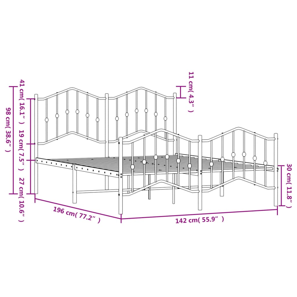 vidaXL Cadre de lit métal sans matelas avec pied de lit noir 135x190cm