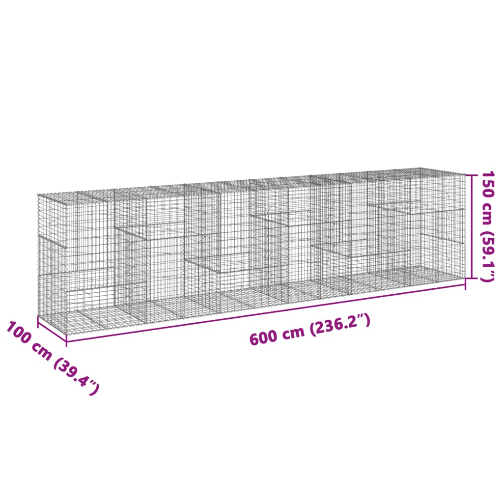 vidaXL Panier gabion avec couvercle 600x100x150 cm fer galvanisé