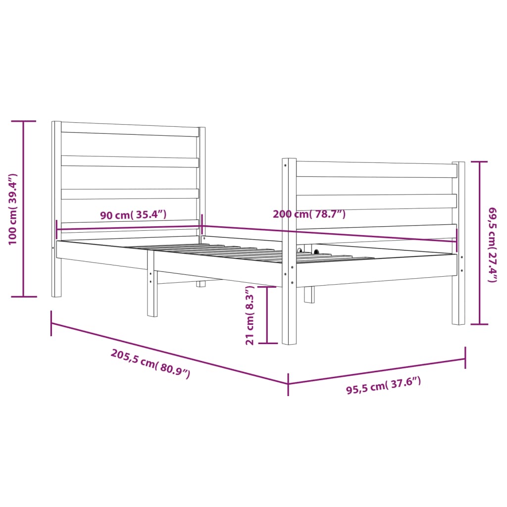 vidaXL Cadre de lit sans matelas Marron miel Bois pin massif 90x200 cm