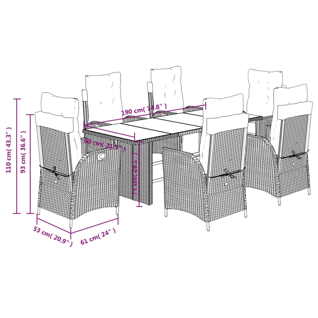 vidaXL Ensemble à manger de jardin et coussins 7 pcs marron rotin