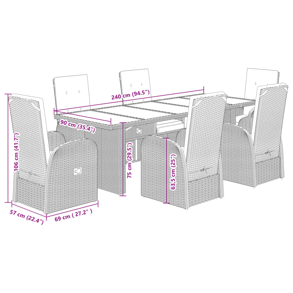 vidaXL Ensemble à manger de jardin et coussins 7 pcs gris rotin