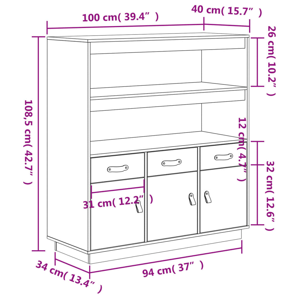 vidaXL Buffet haut Blanc 100x40x108,5 cm Bois massif de pin