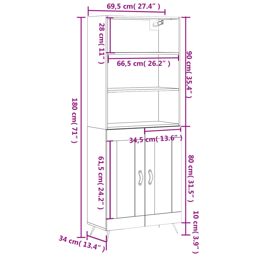 vidaXL Buffet haut Chêne fumé 69,5x34x180 cm Bois d'ingénierie