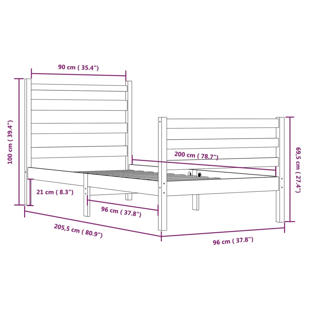 vidaXL Cadre de lit Bois de pin massif 90x200 cm marron miel