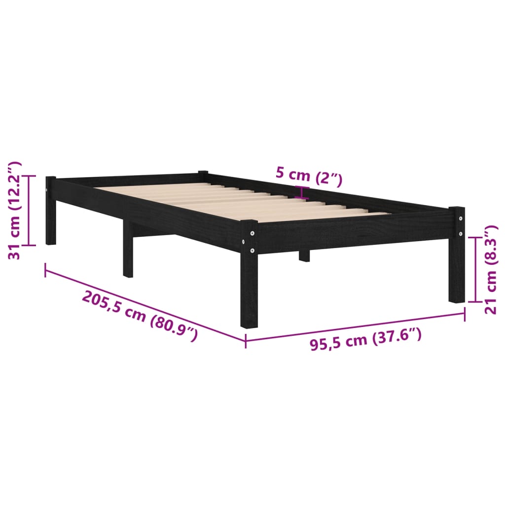 vidaXL Cadre de lit Noir Bois de pin massif 90x200 cm