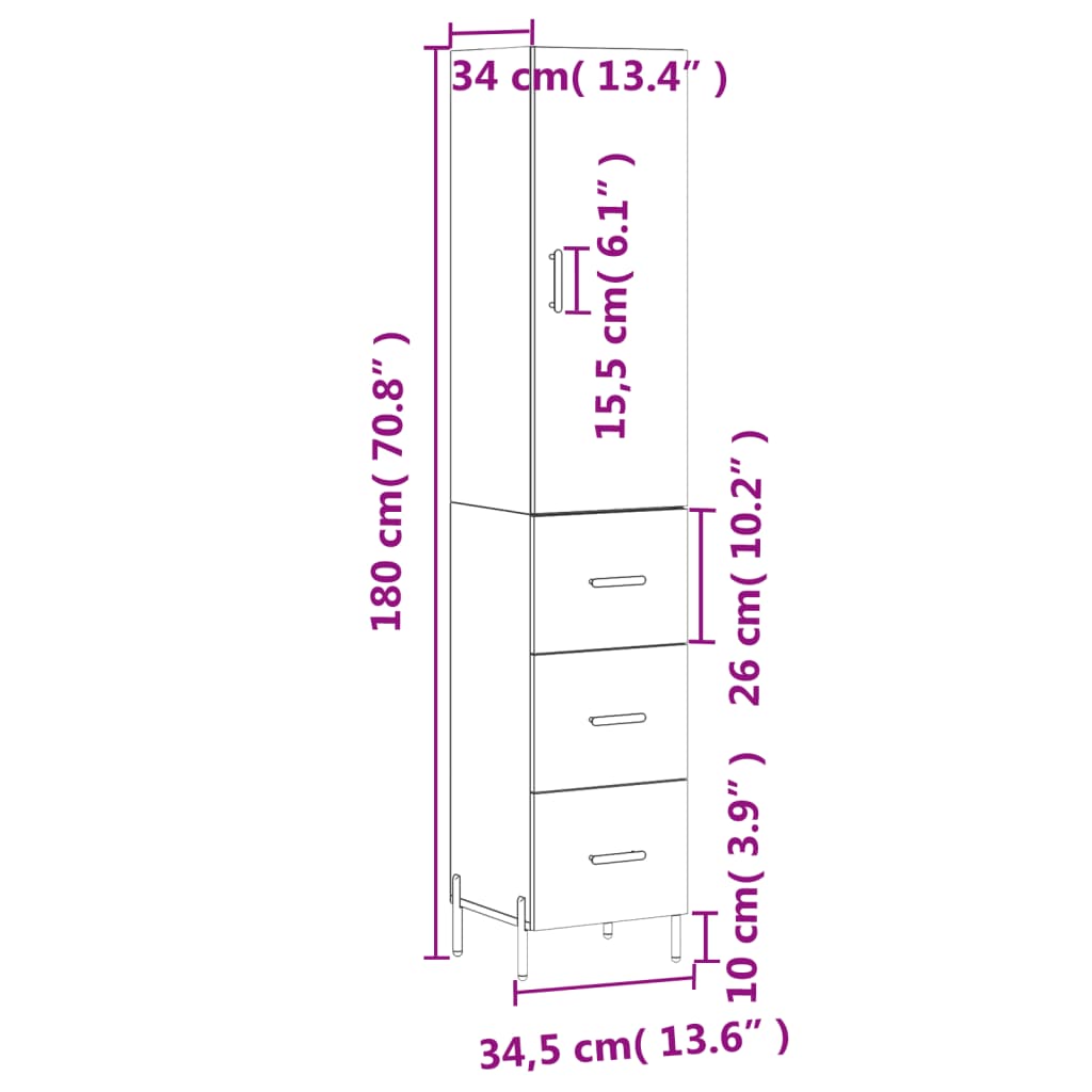 vidaXL Buffet haut Blanc 34,5x34x180 cm Bois d'ingénierie