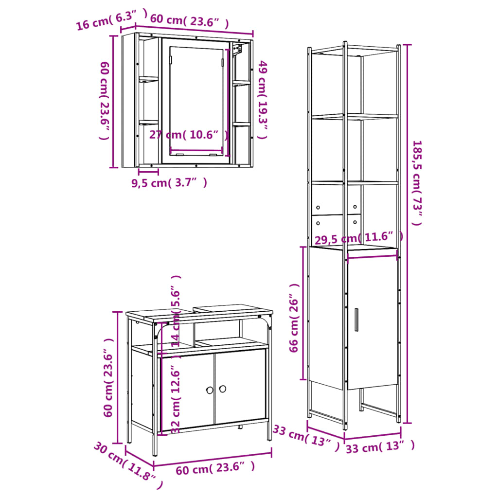 vidaXL Ensemble d'armoires salle de bain 3 pcs noir bois d'ingénierie