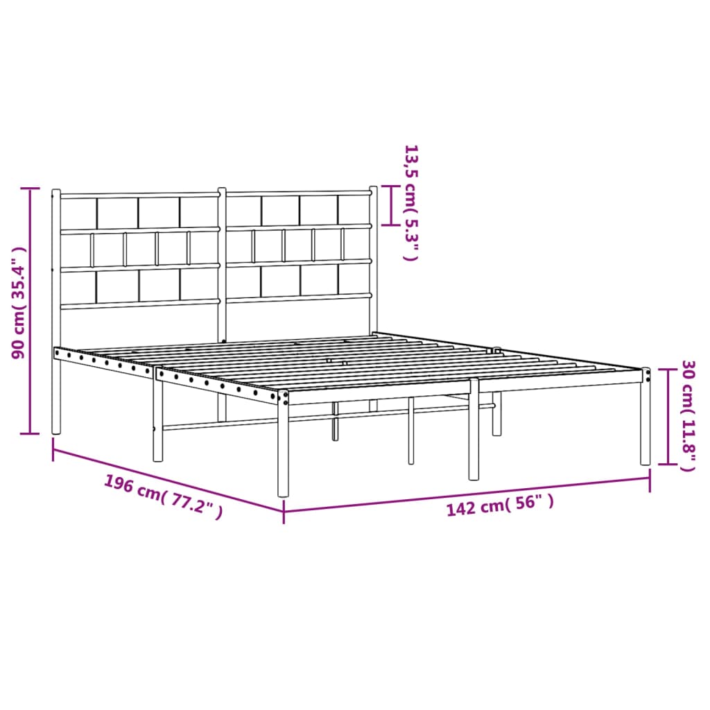 vidaXL Cadre de lit métal sans matelas avec tête de lit noir 135x190cm