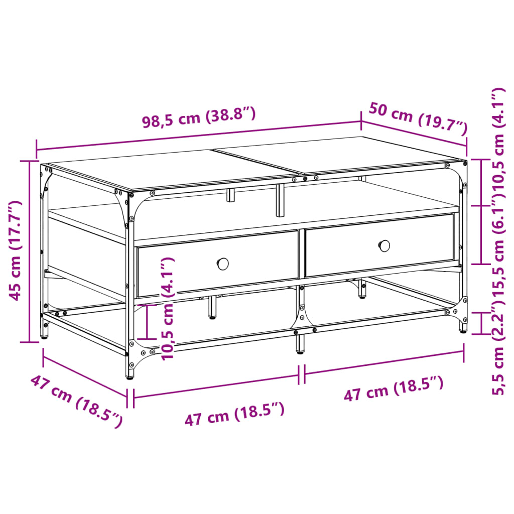 vidaXL Table basse avec dessus en verre chêne fumé 98,5x50x45 cm acier